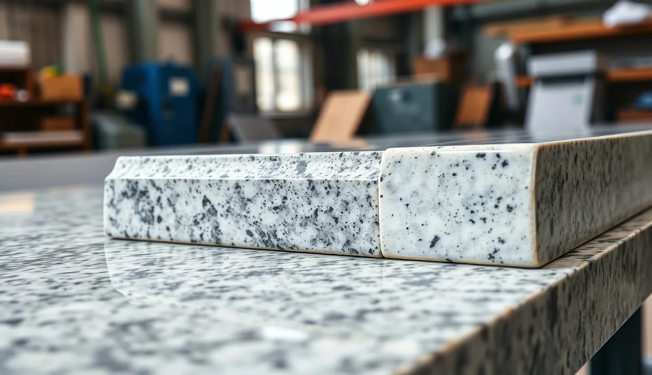 Multiple polished granite countertop edge profiles arranged on a fabrication shop workbench