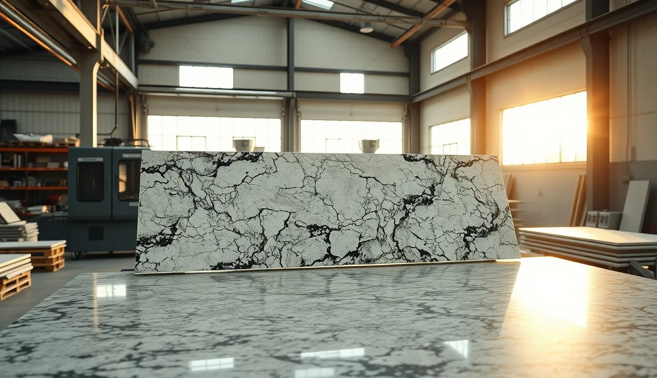 CNC bridge saw cutting a granite slab in a stone fabrication shop