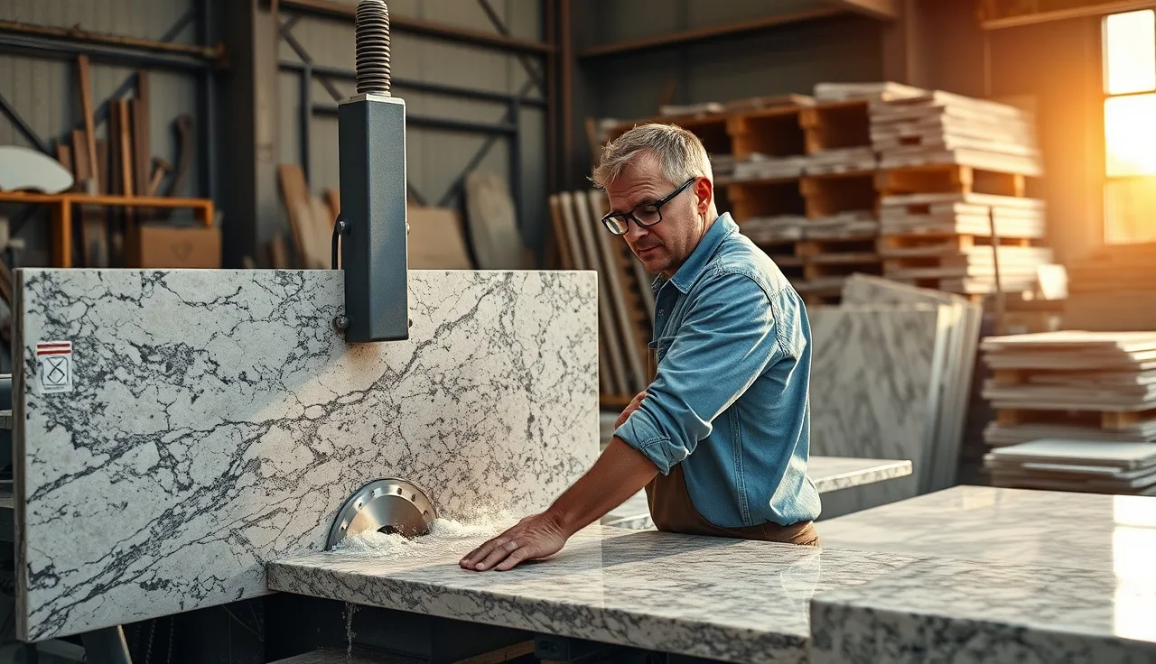 Stone fabricator cutting a granite slab on a wet bridge saw in a fabrication shop