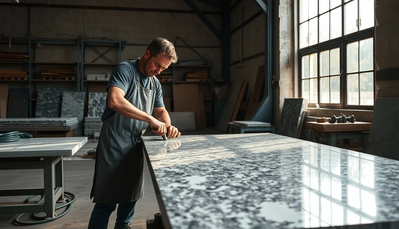 Fabricator polishing a large granite slab on a steel work table in a stone shop