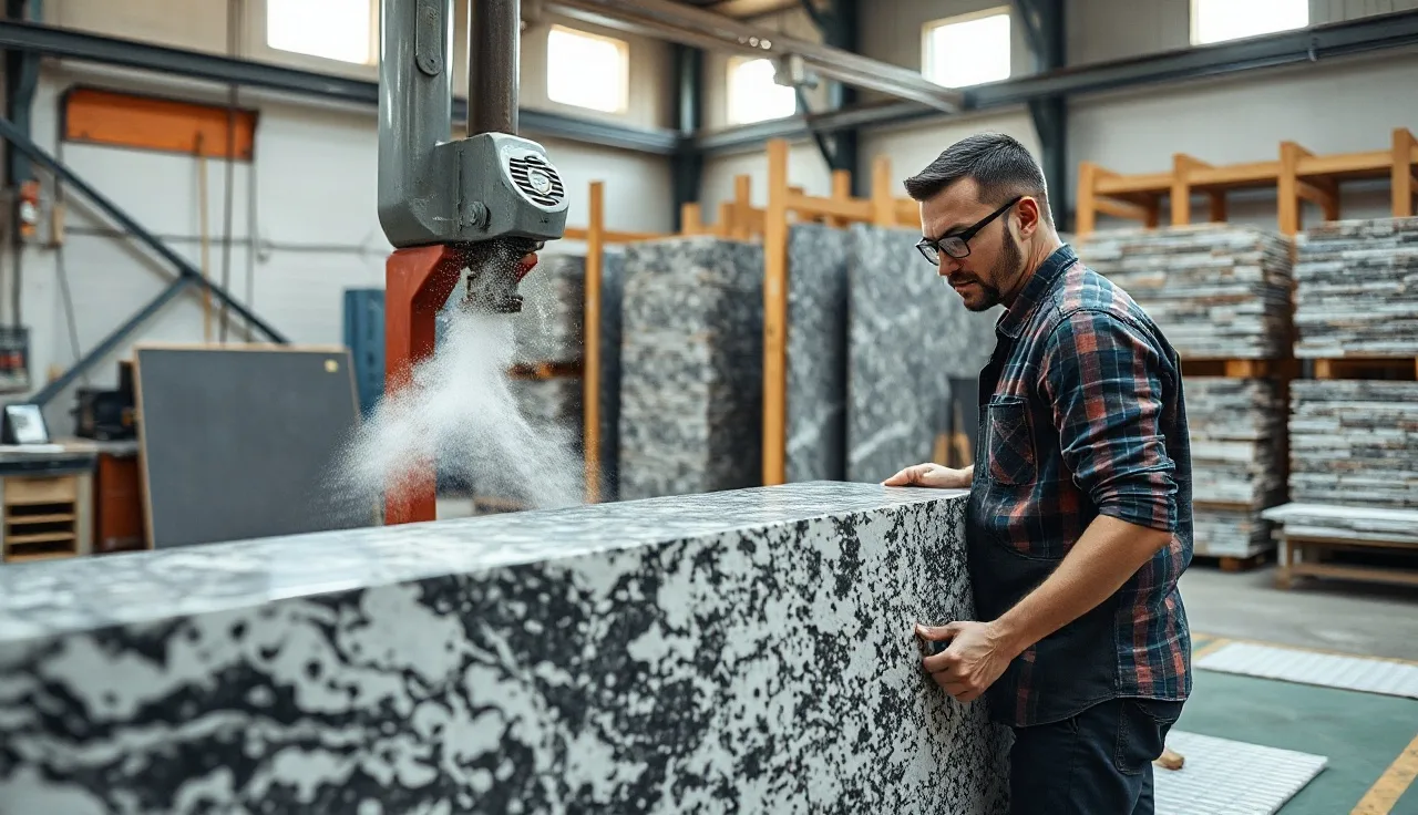 Worker operating a CNC bridge saw to cut a granite slab in a stone fabrication shop