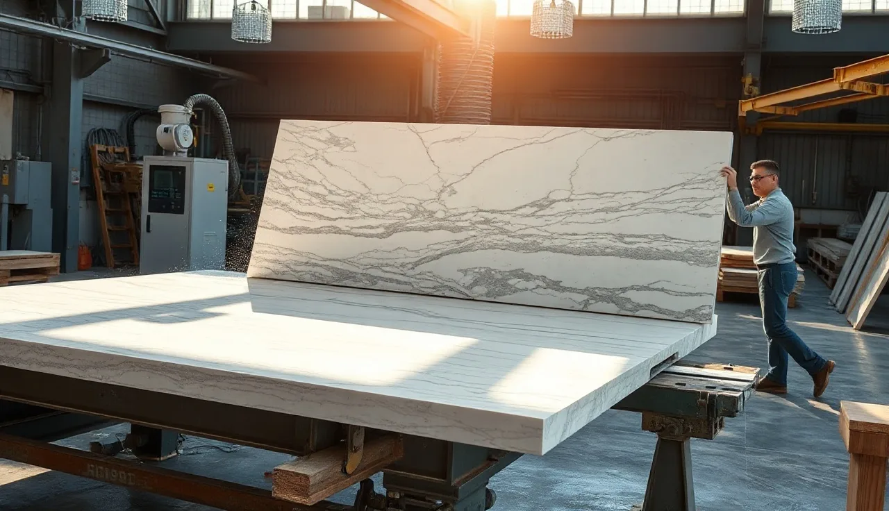 CNC bridge saw cutting a large quartzite slab in a stone fabrication shop