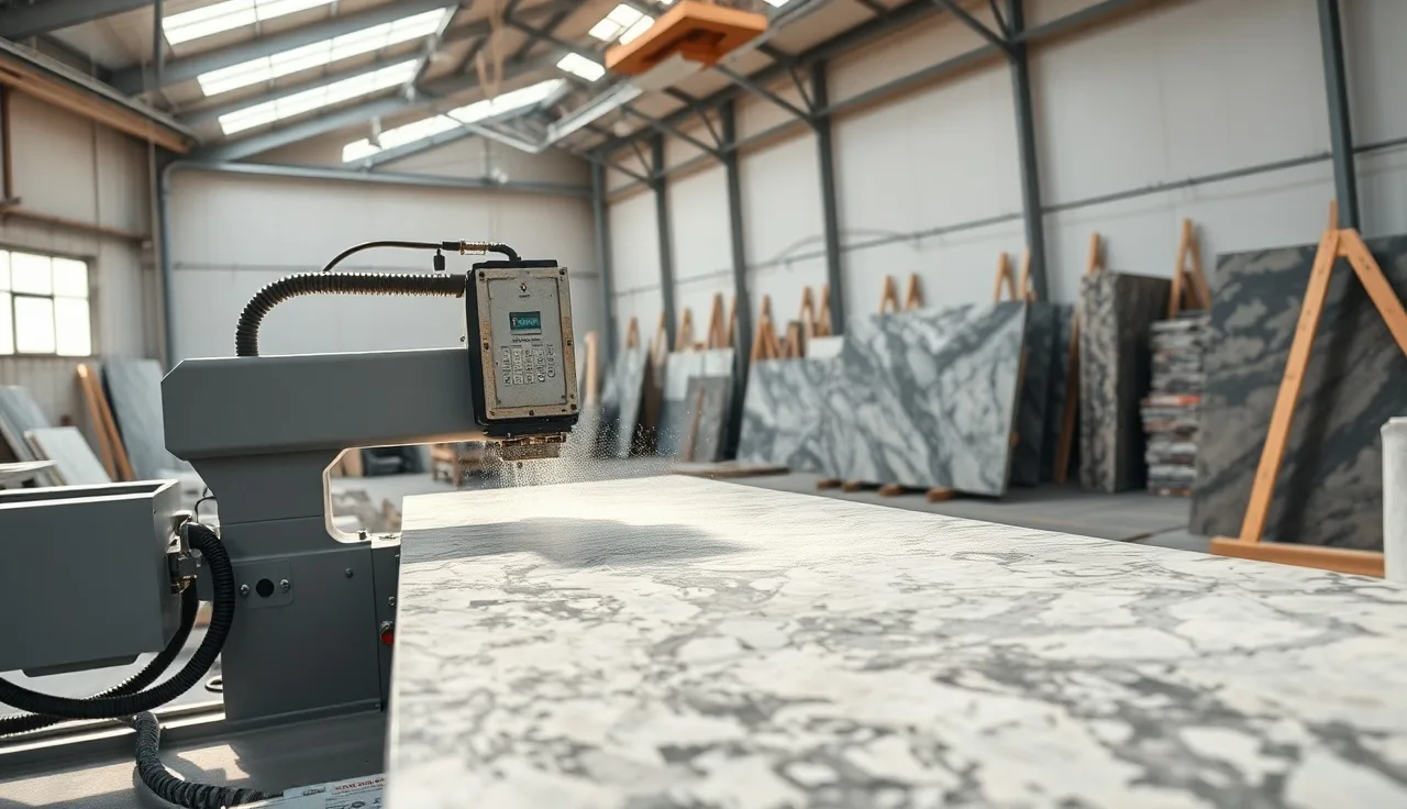 CNC bridge saw cutting a granite slab in a stone fabrication shop