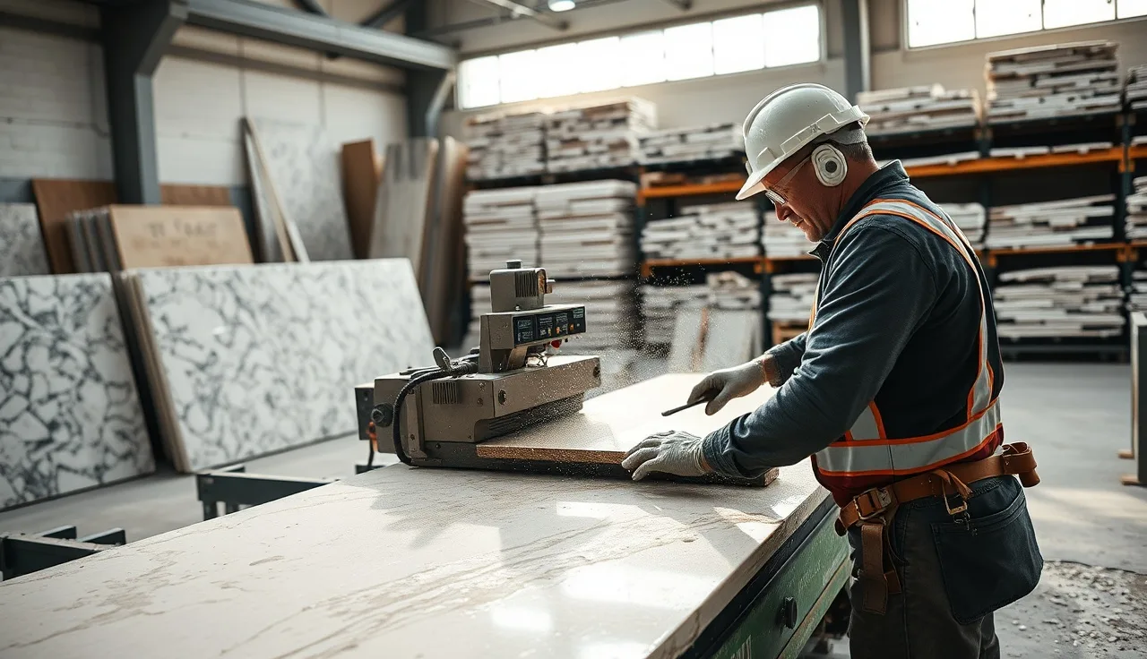 Fabrication worker operating a wet-cut CNC bridge saw on a quartzite slab in a stone shop