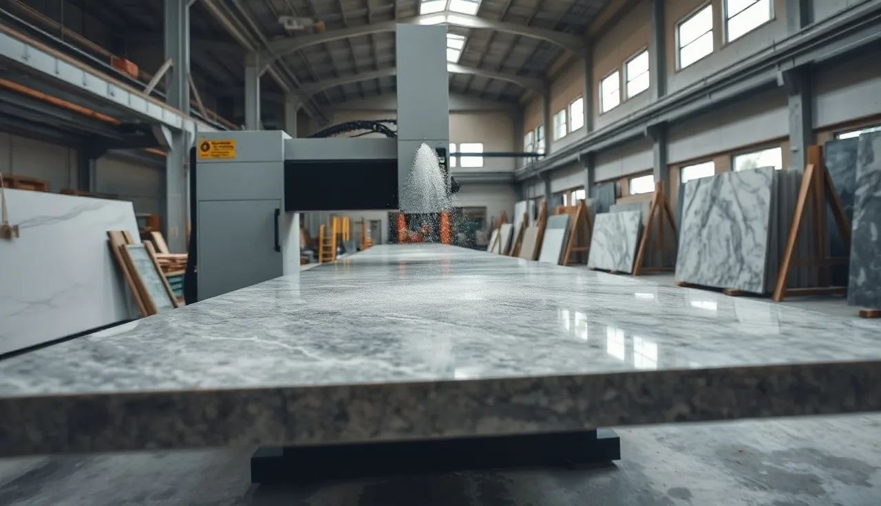 CNC bridge saw cutting a granite slab inside a stone fabrication shop