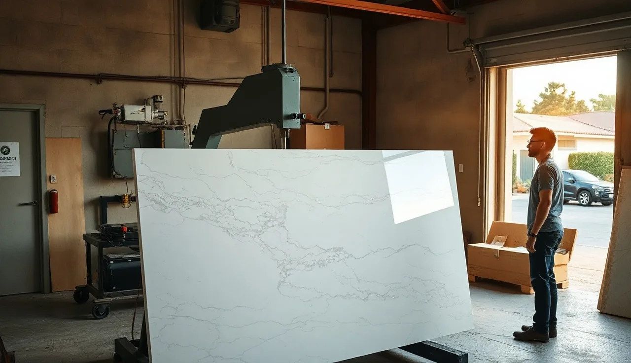 Stone fabricator cutting a quartzite slab on a bridge saw in a Palo Alto shop
