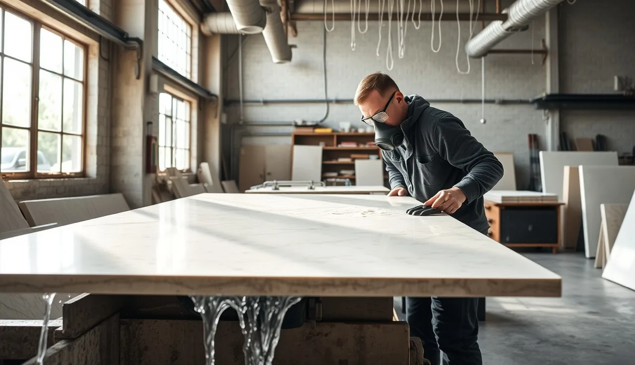 Worker in respirator and safety glasses using a wet bridge saw to cut stone slab in fabrication shop