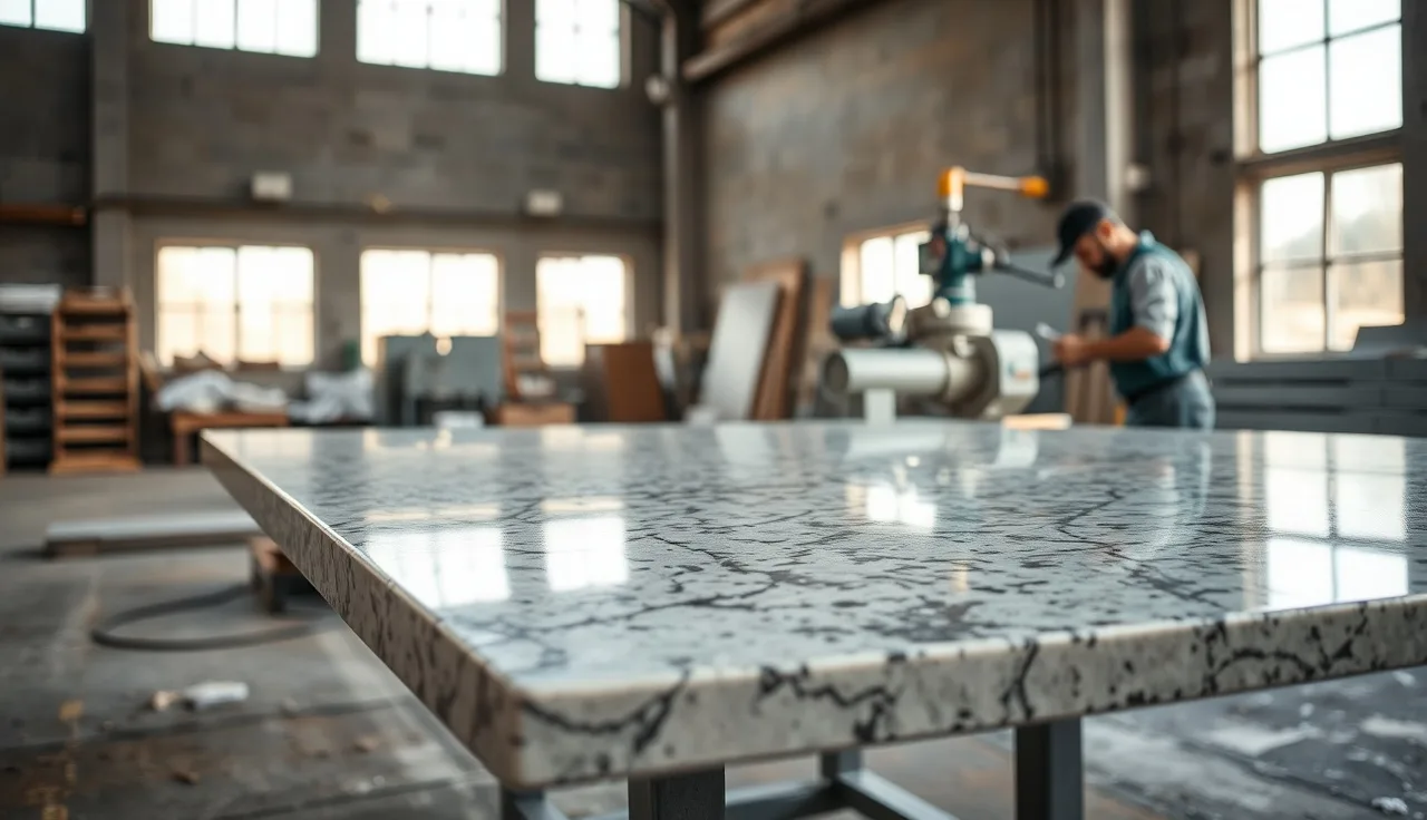 Fabricator inspecting a polished granite countertop slab inside a stone fabrication shop