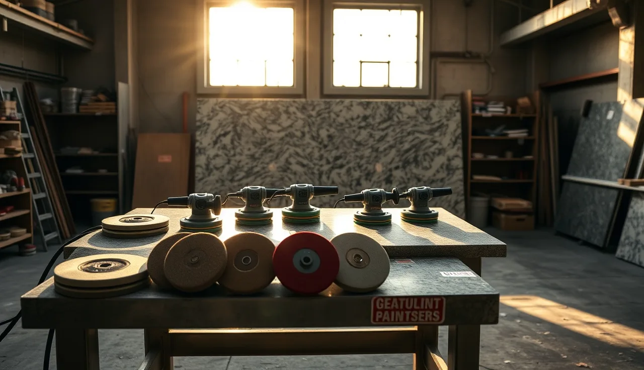 Stone fabrication shop workbench with diamond polishing pads and angle grinders near a cut granite slab