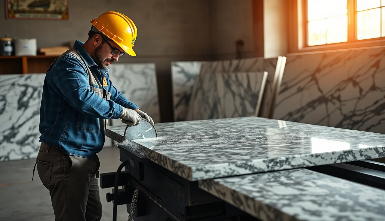 Worker cutting a granite slab on a wet bridge saw inside a stone fabrication shop