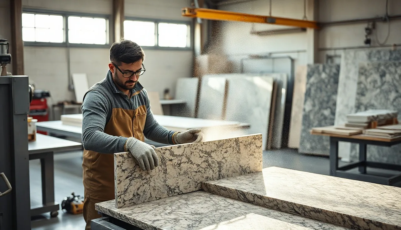 Worker cutting a granite slab on a wet bridge saw in a stone fabrication shop