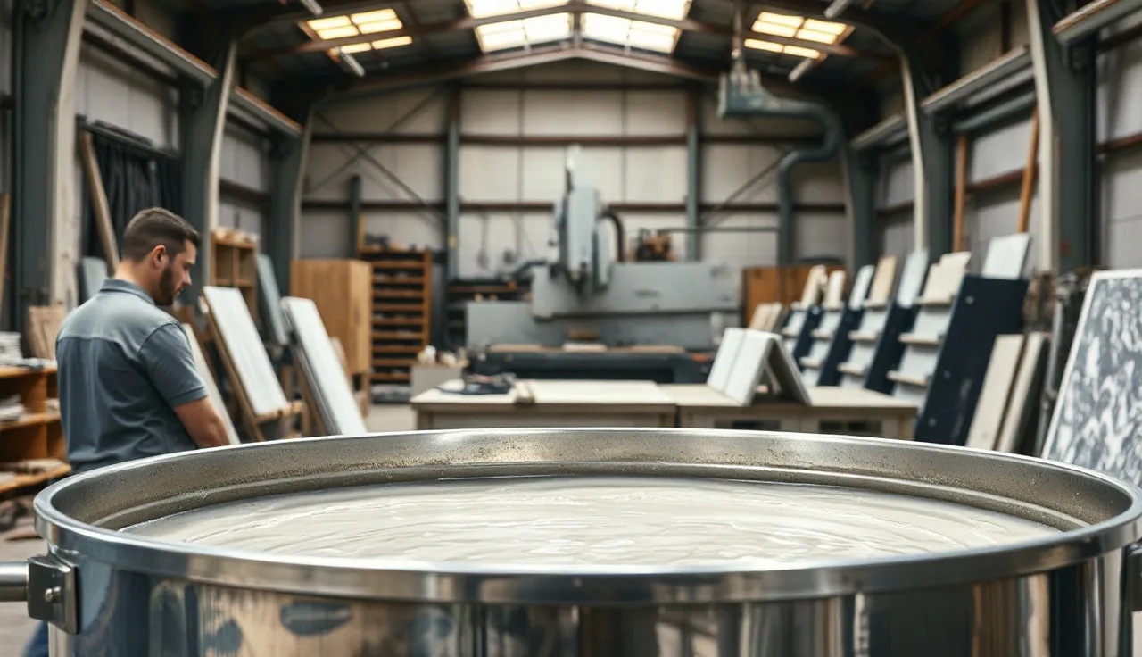 Settling tank collecting silica slurry water in a stone countertop fabrication shop