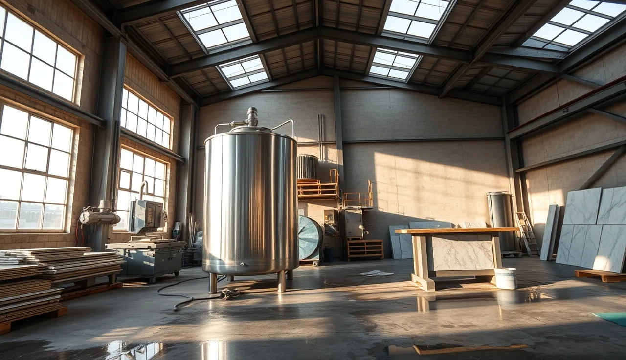Clarifier tank and bridge saw inside a stone fabrication shop with wet concrete floor