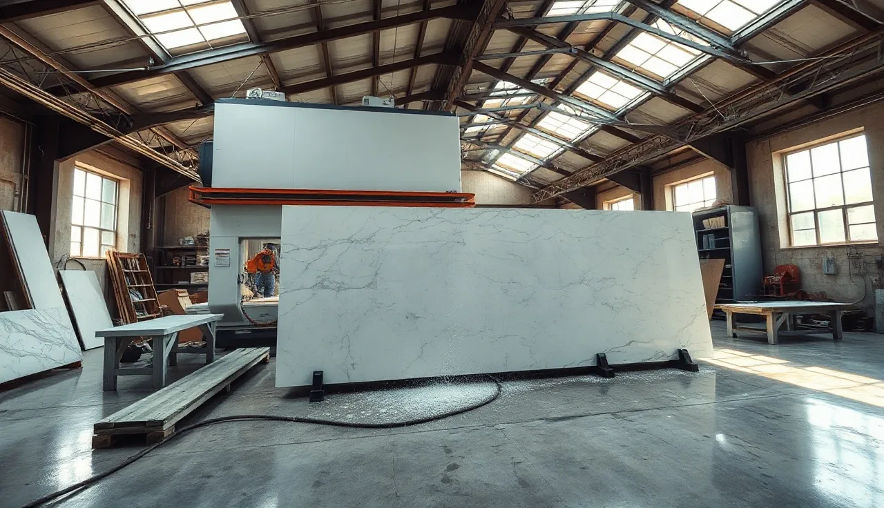Bridge saw cutting a white marble slab inside a stone fabrication shop