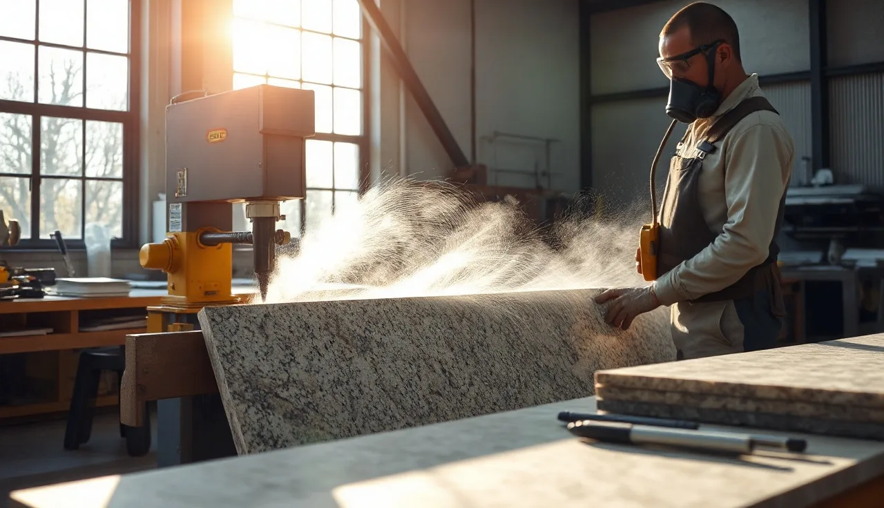 Fabricator using wet saw to cut granite slab inside a stone fabrication shop