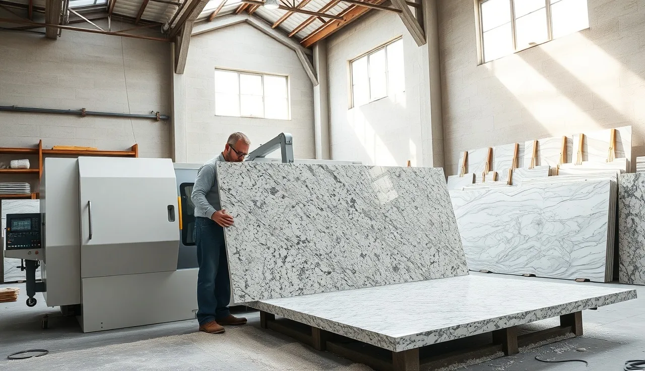 Stone fabricator cutting a granite slab on a CNC bridge saw in a Bay Area shop