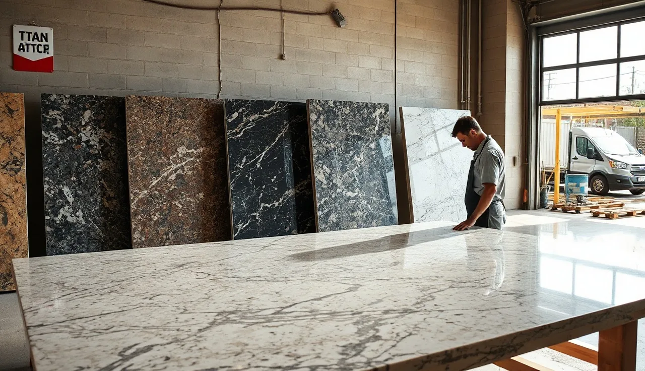 Stone fabricator examining a polished granite countertop slab in a Dallas workshop