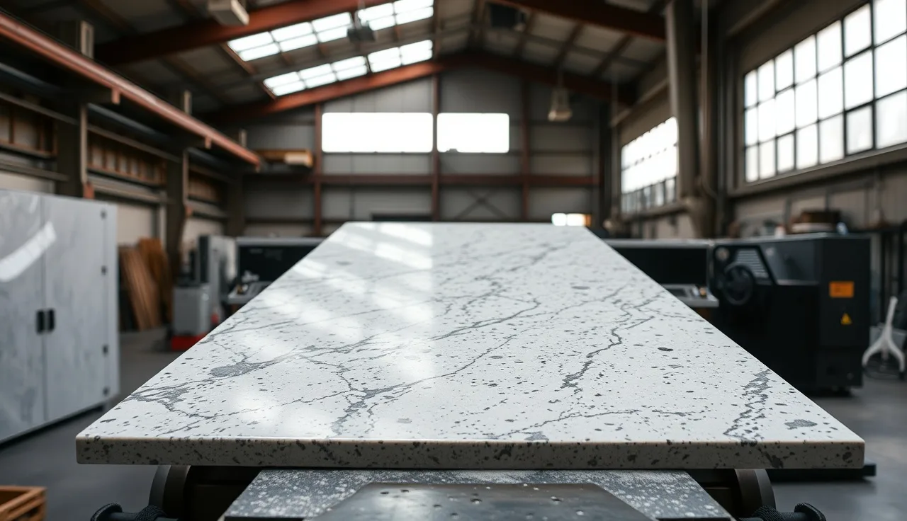 Stone fabricator polishing a large granite slab on a CNC machine in a Denver shop