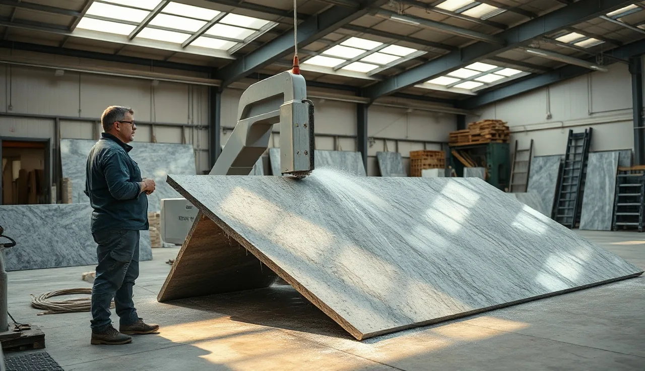 CNC bridge saw cutting a granite slab inside a stone fabrication shop