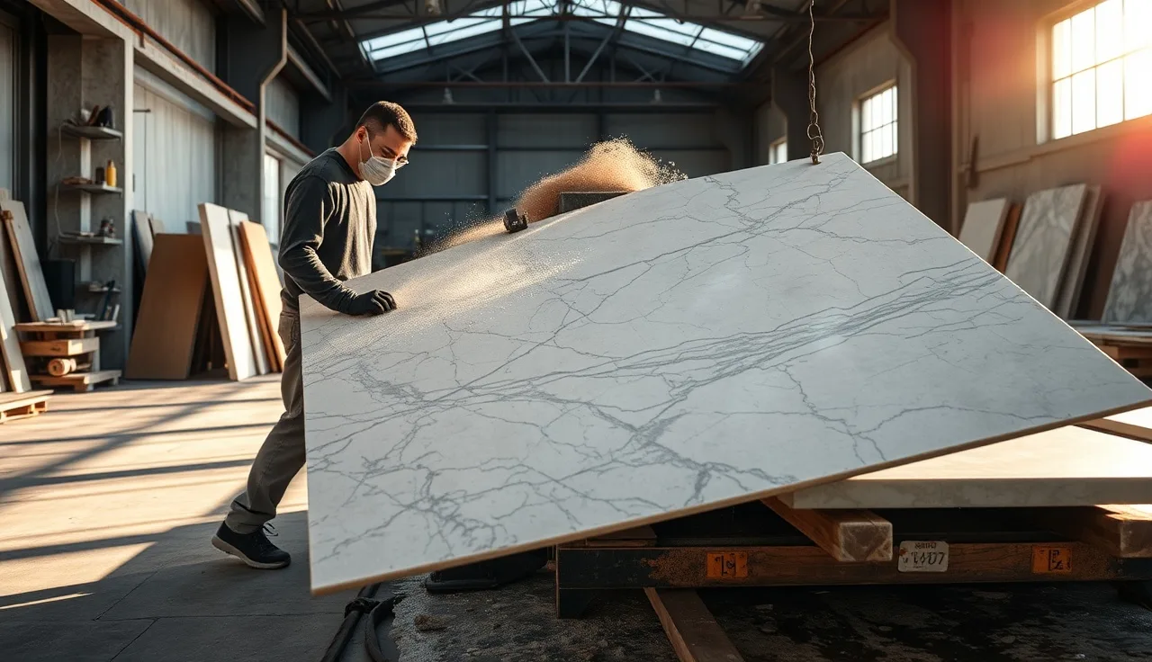 Stone fabricator cutting a marble slab on a bridge saw in a Los Angeles shop