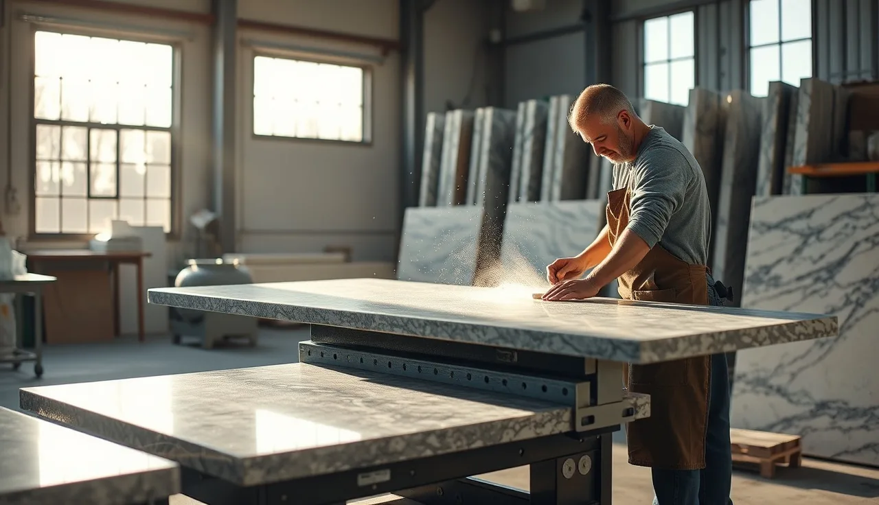 Stone fabricator polishing a granite countertop slab in a Milwaukee workshop