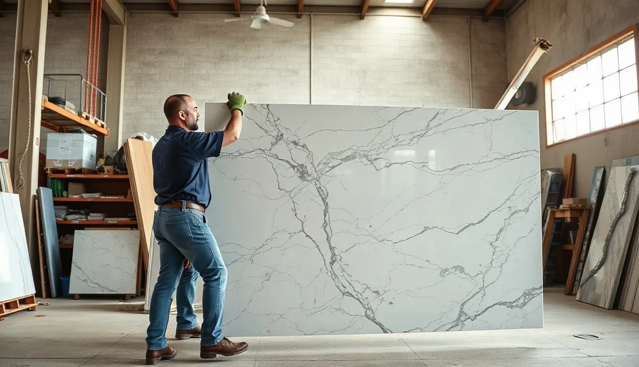 Workers handling a polished granite slab inside a Charlotte stone fabrication shop
