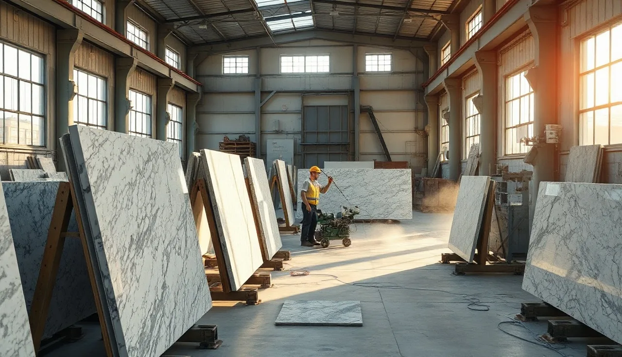 Stone fabrication shop with granite slabs on A-frames and a worker at a bridge saw
