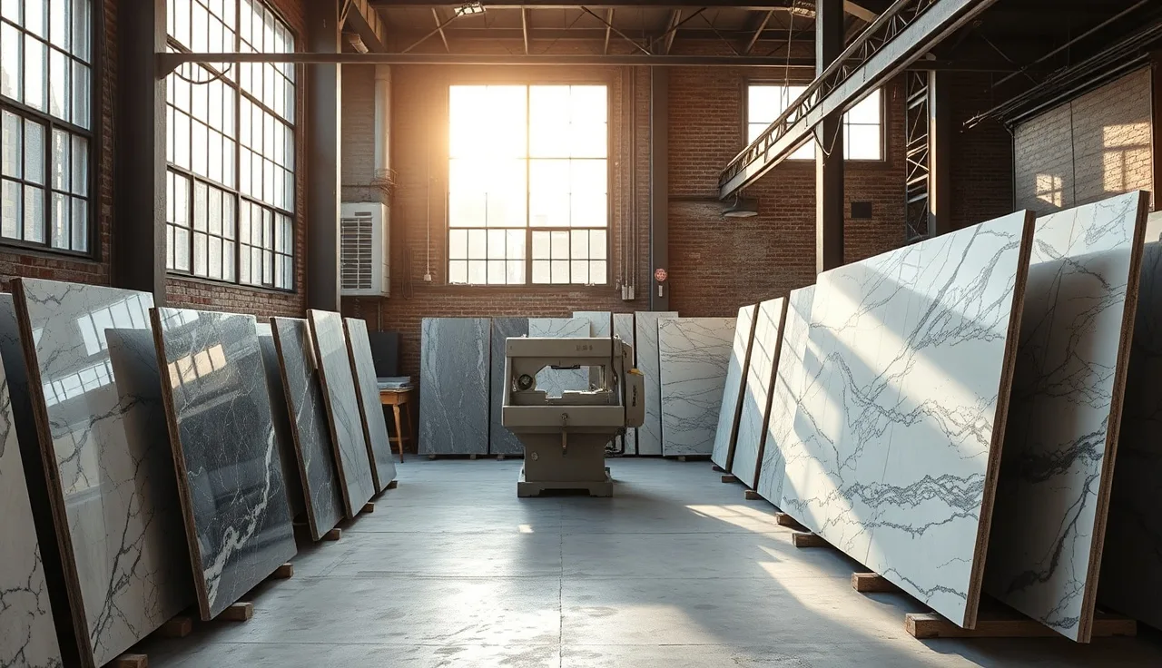 CNC bridge saw cutting a marble slab inside a New York City stone fabrication shop