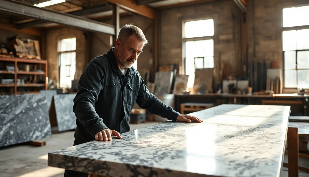 Stone fabricator inspecting a polished granite slab in a San Jose workshop