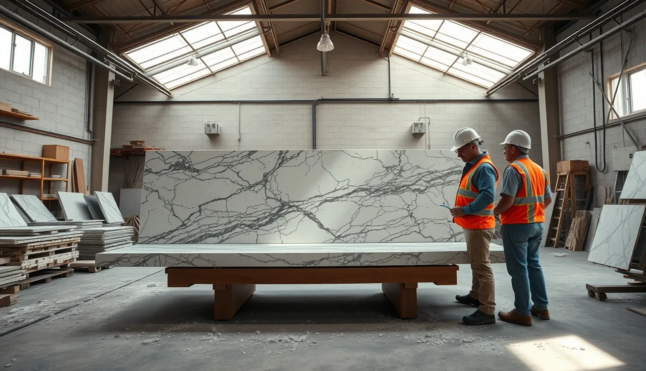Stone fabrication shop interior with granite slab on bridge saw and workers reviewing template