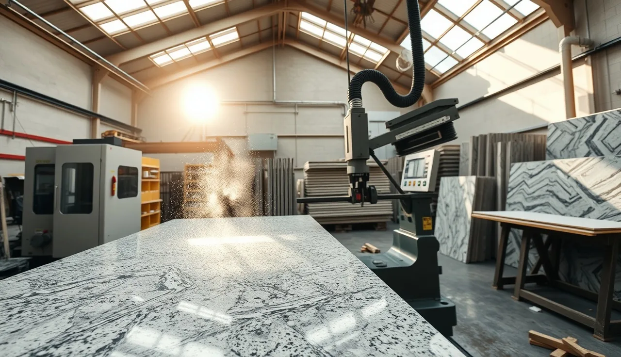 CNC bridge saw cutting a granite slab inside a stone fabrication shop