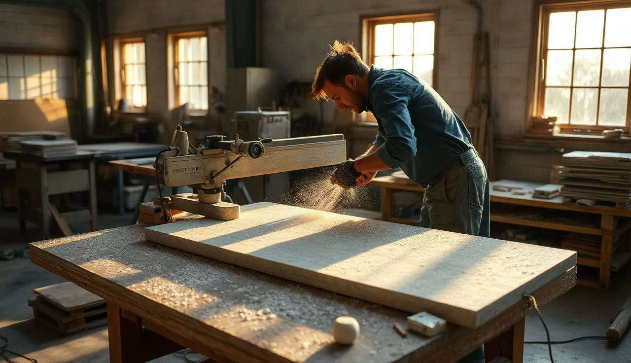 Stone veneer fabricator cutting thin limestone panels on a wet bridge saw in a workshop