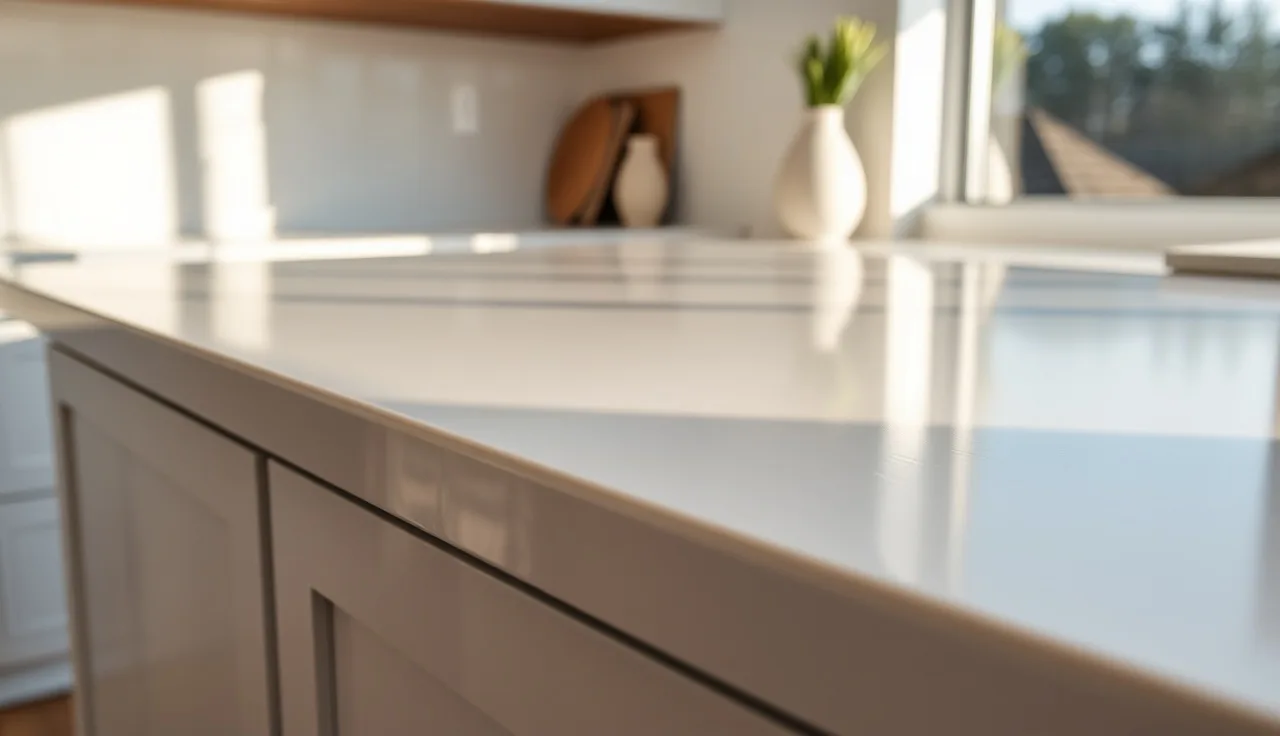 Polished white quartz countertop with a clean straight edge in natural light