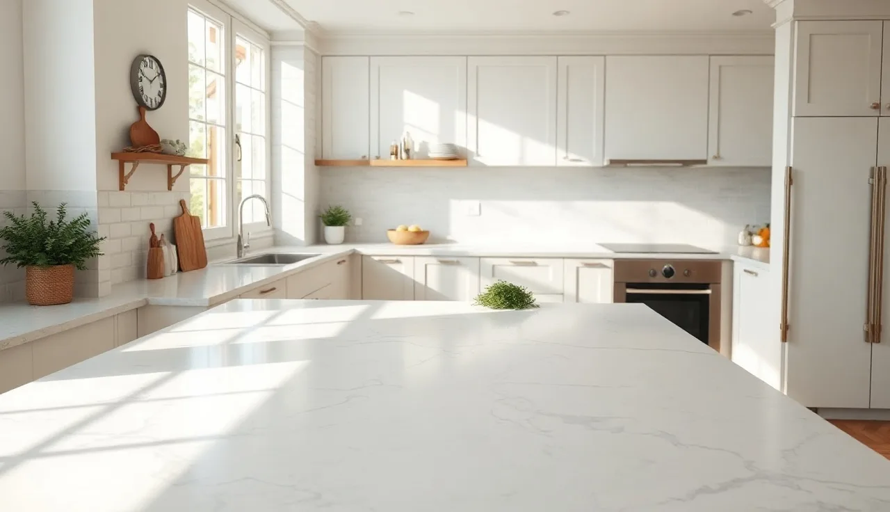 Wide kitchen island with white and gray veined synthetic marble countertop in morning light
