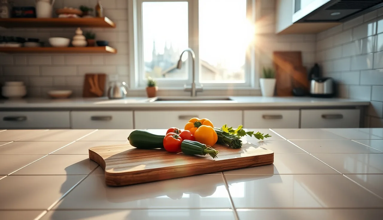 White porcelain tile countertop with vegetables and cutting board in a kitchen