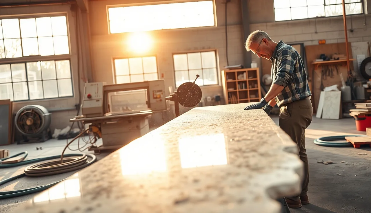 Fabricator inspecting cut granite slab edge in a stone shop with industrial lighting