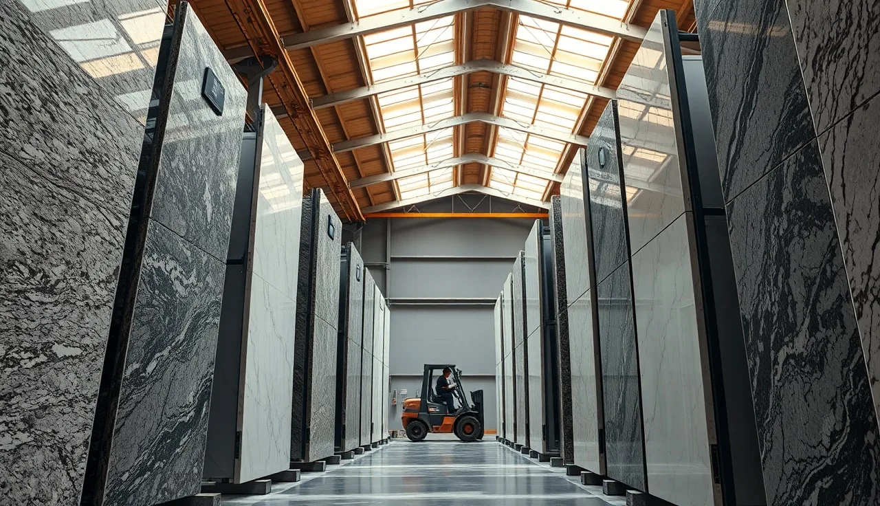 Interior of a stone slab warehouse with upright marble and granite slabs in racks