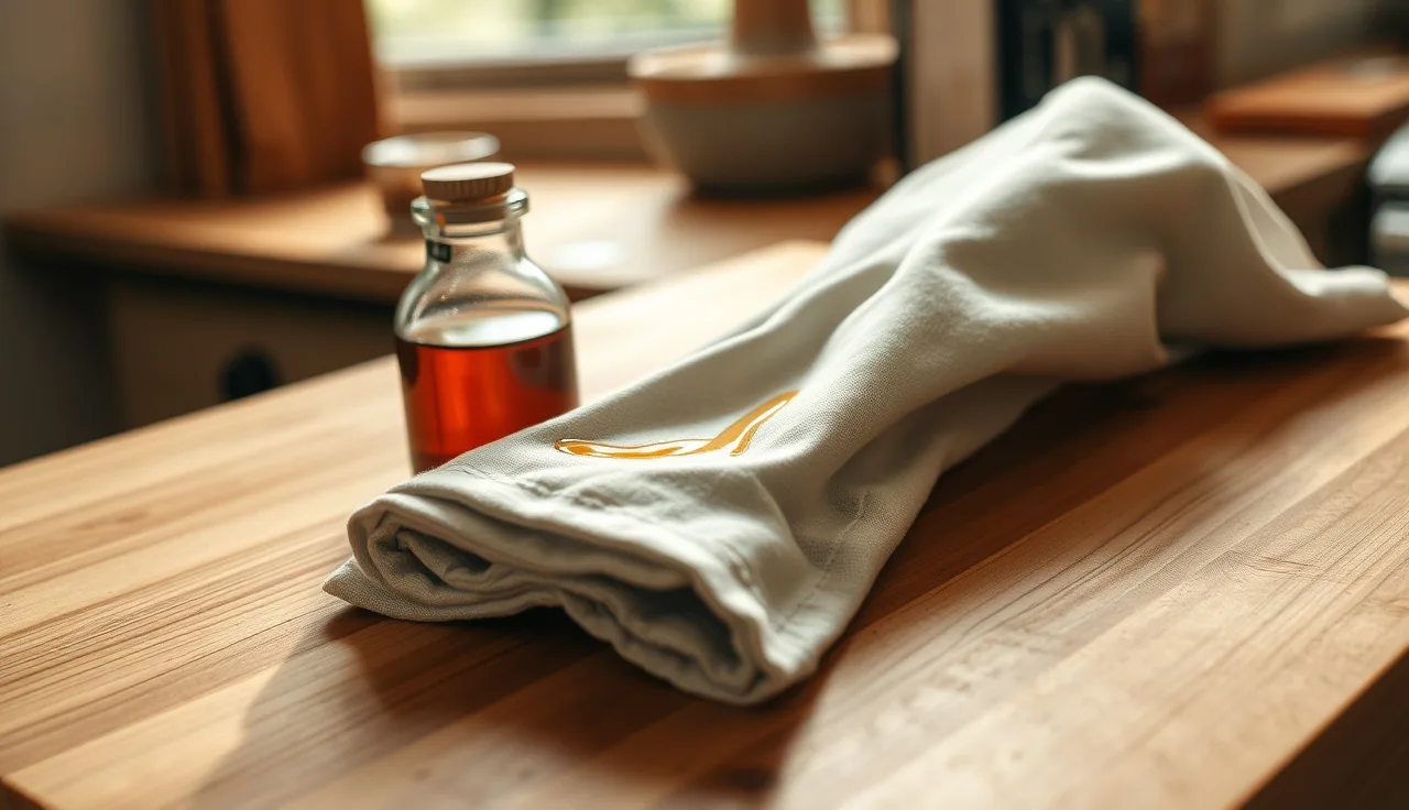 Hand applying tung oil to a maple butcher block countertop with a cloth