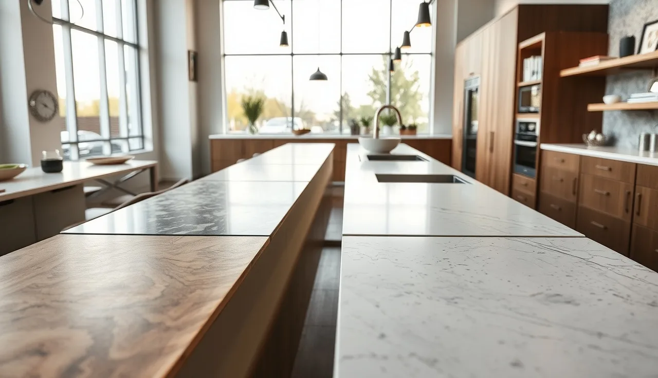 Multiple countertop material samples displayed on a table showing stone and wood types