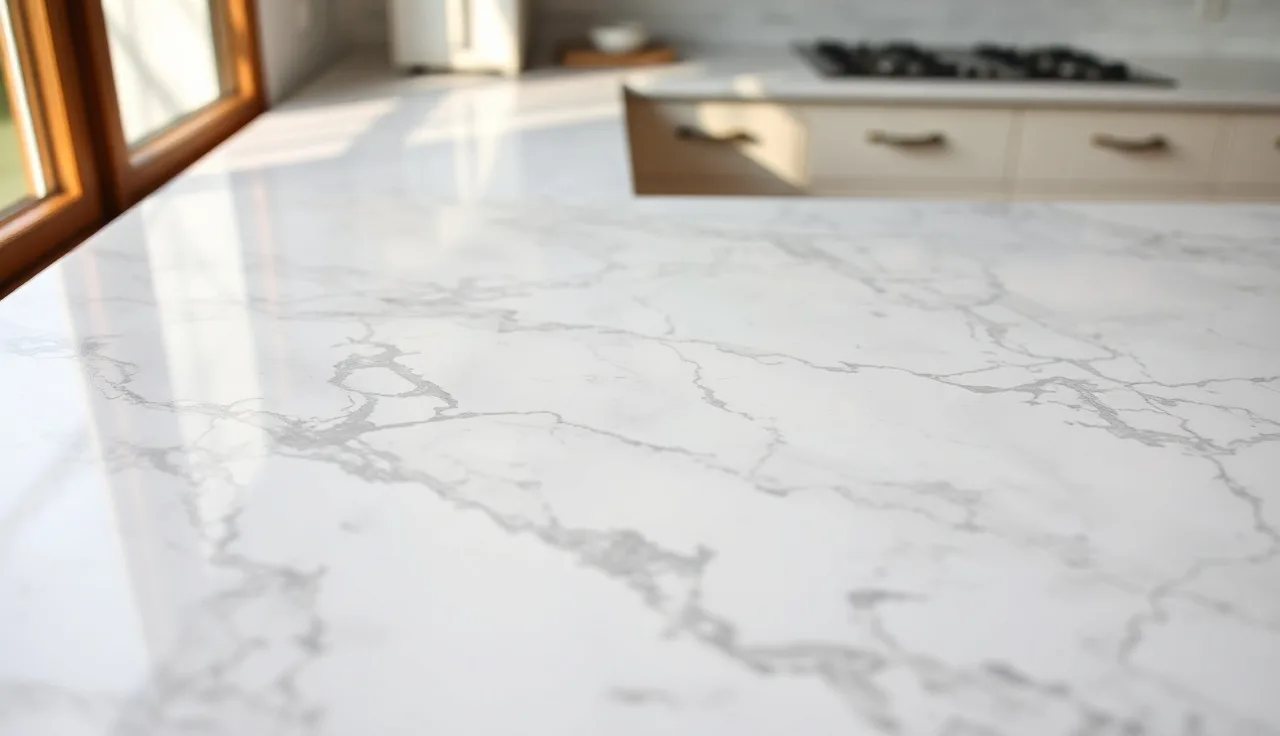 Calacatta marble kitchen countertop with bold grey veining in morning light