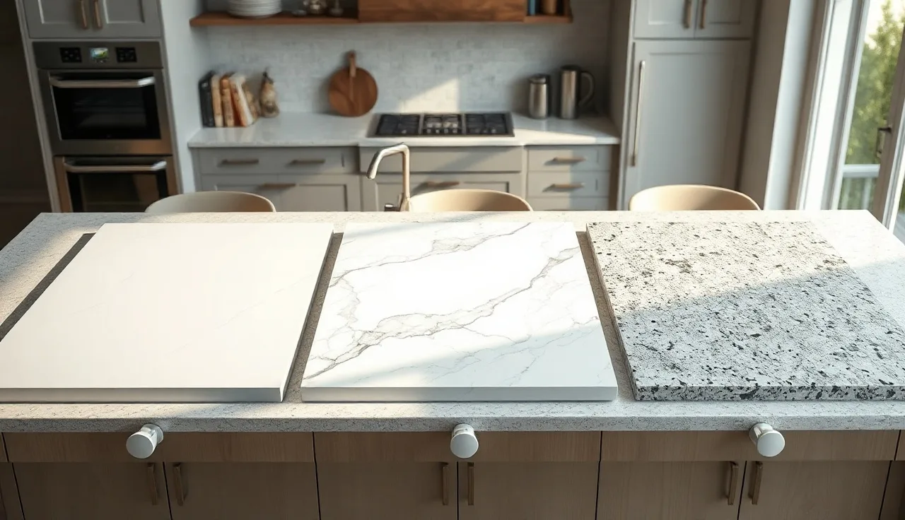 Three quartz countertop slab samples on a kitchen island in morning light