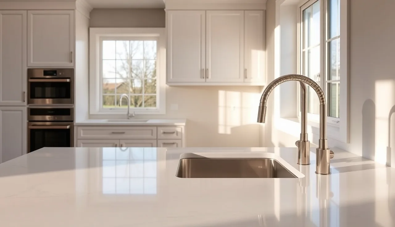 White quartz kitchen countertop with undermount sink and natural window light