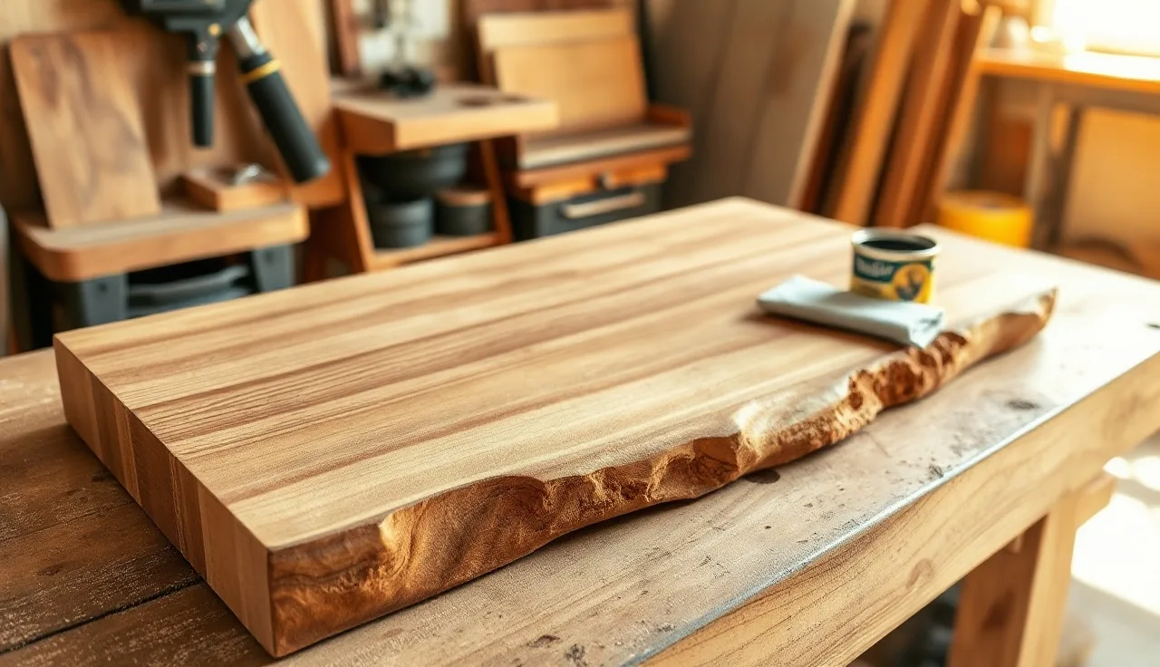 Unfinished maple butcher block countertop slab on a workshop bench with mineral oil and cloth nearby