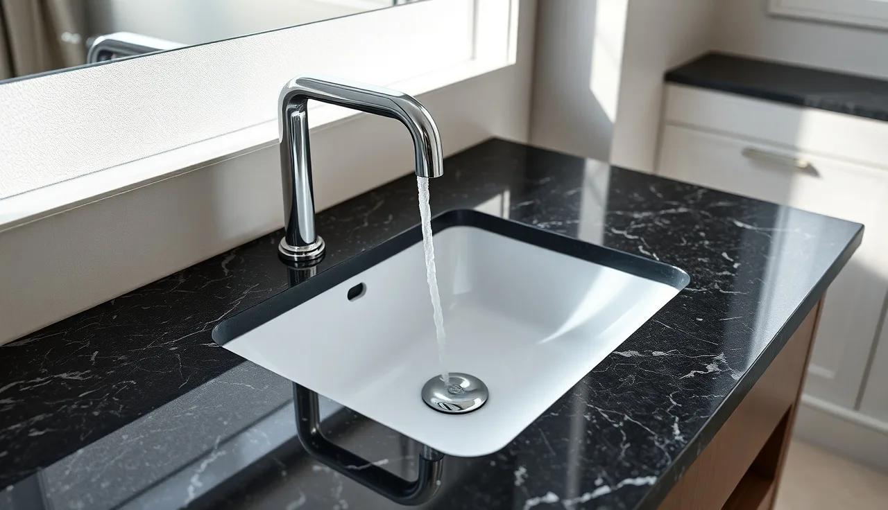 Polished dark granite vanity countertop with undermount sink and chrome faucet in a bathroom