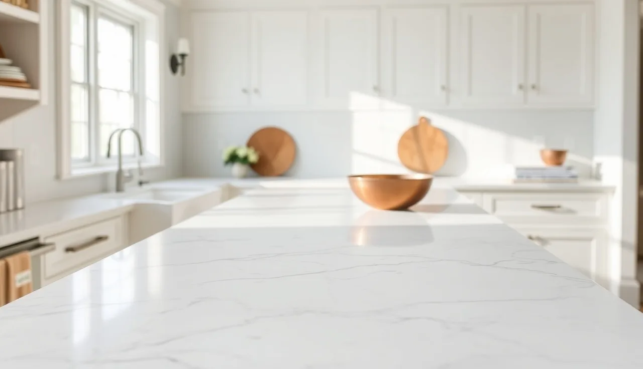 White Vermont Danby marble kitchen countertop with gray veining in morning light