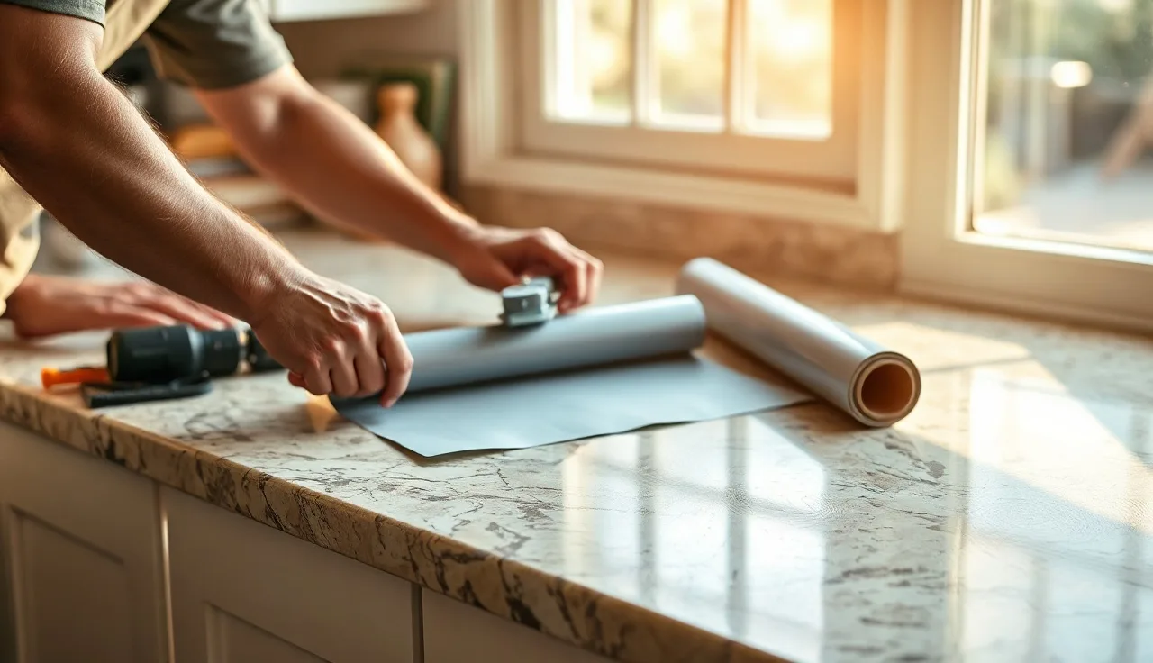 Installer applying stone-patterned vinyl wrap film to a kitchen countertop