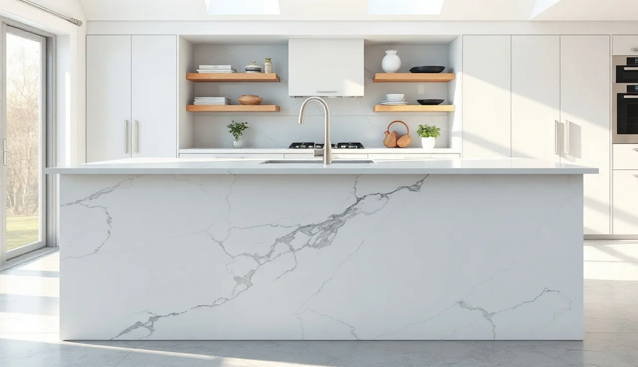 White quartz kitchen island with continuous waterfall edge panel flowing to the floor