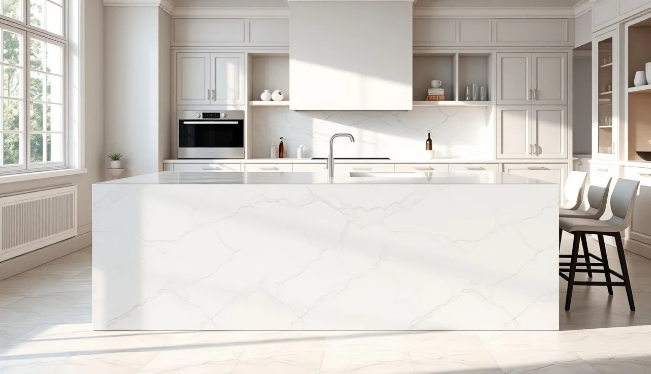 Marble waterfall countertop on a kitchen island showing the vertical panel to the floor