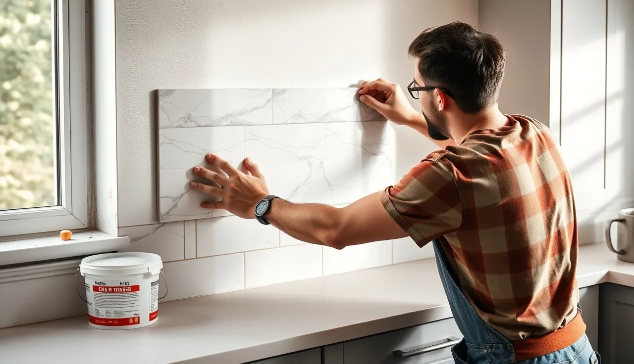 Stonemason applying marble tile to kitchen backsplash with thinset mortar