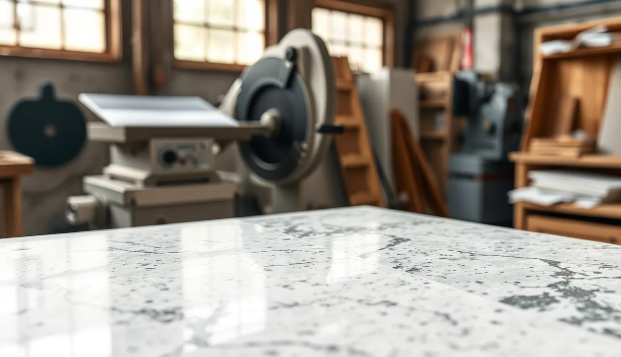 Two granite countertop pieces meeting at a 45-degree mitered inside corner seam